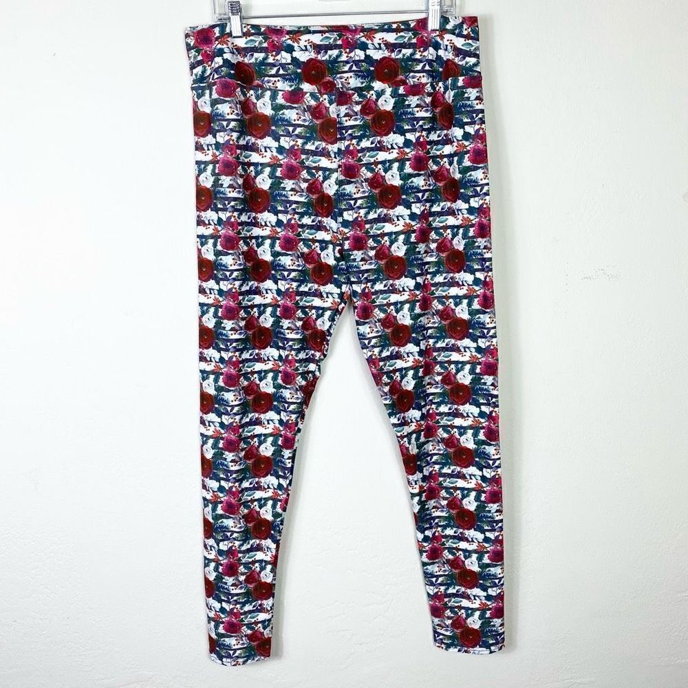 Barker Basic Comfort Red & Green Floral Striped High Rise Leggings TC2